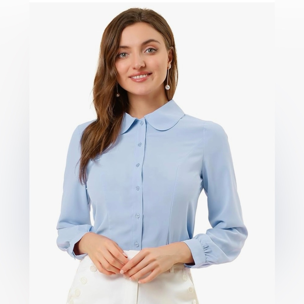 Light Blue, Bishop Sleeve, Peter Pan Collar business casual top.